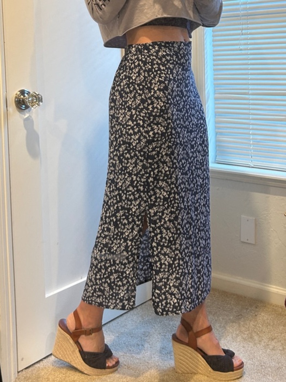 Lightweight Maxi Skirt, Floral Navy and White, Double Slit
